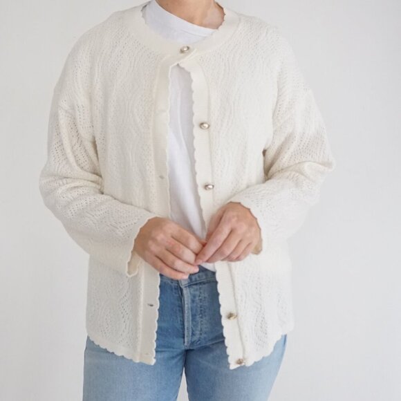 Vintage Intense Functionals Cream Eyelet Button Up Cardigan Sweater Size 38 - Picture 2 of 13